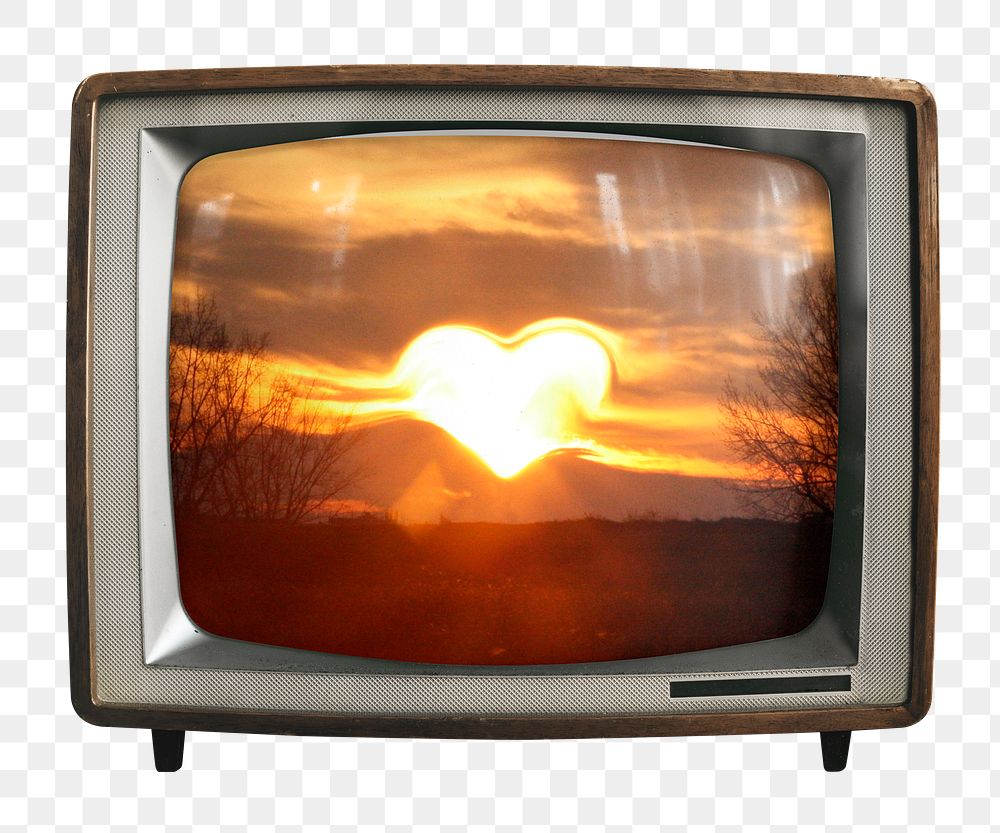Heart sunset png sticker, nature aesthetic on retro television, transparent background