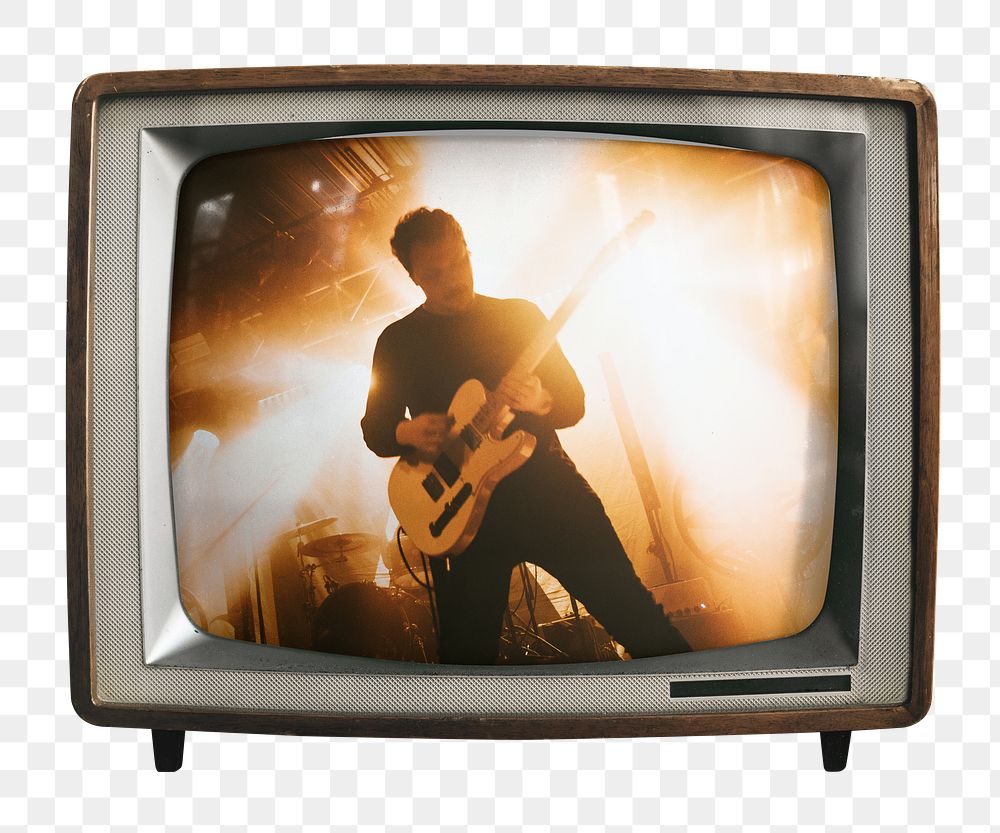 Png guitarist performing concert sticker, rock band, music on retro television, transparent background