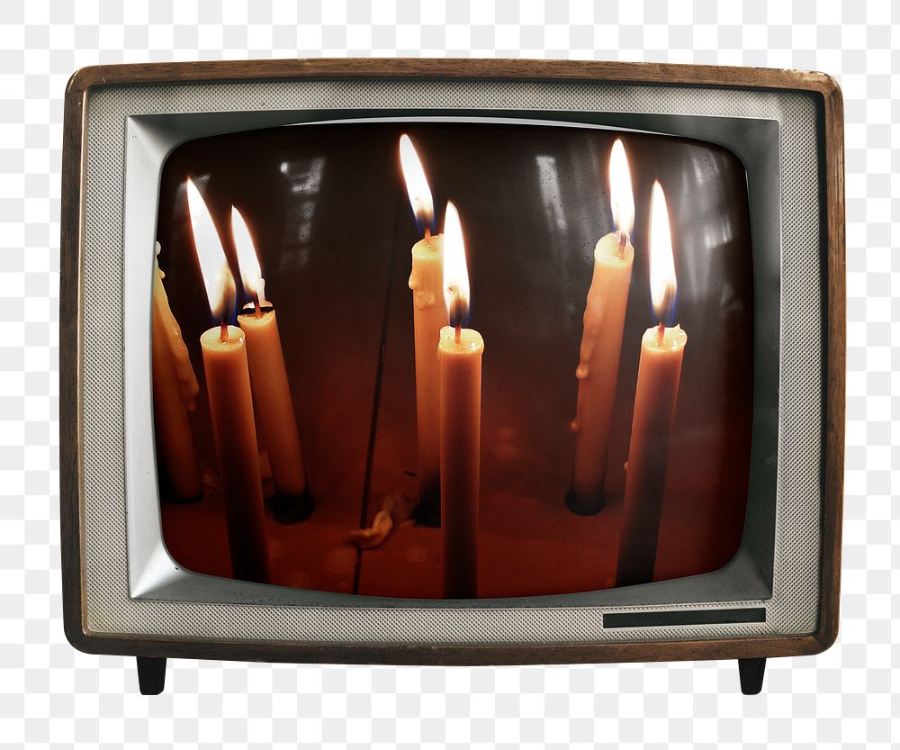 Lit candles png sticker, memorial photo on retro television, transparent background