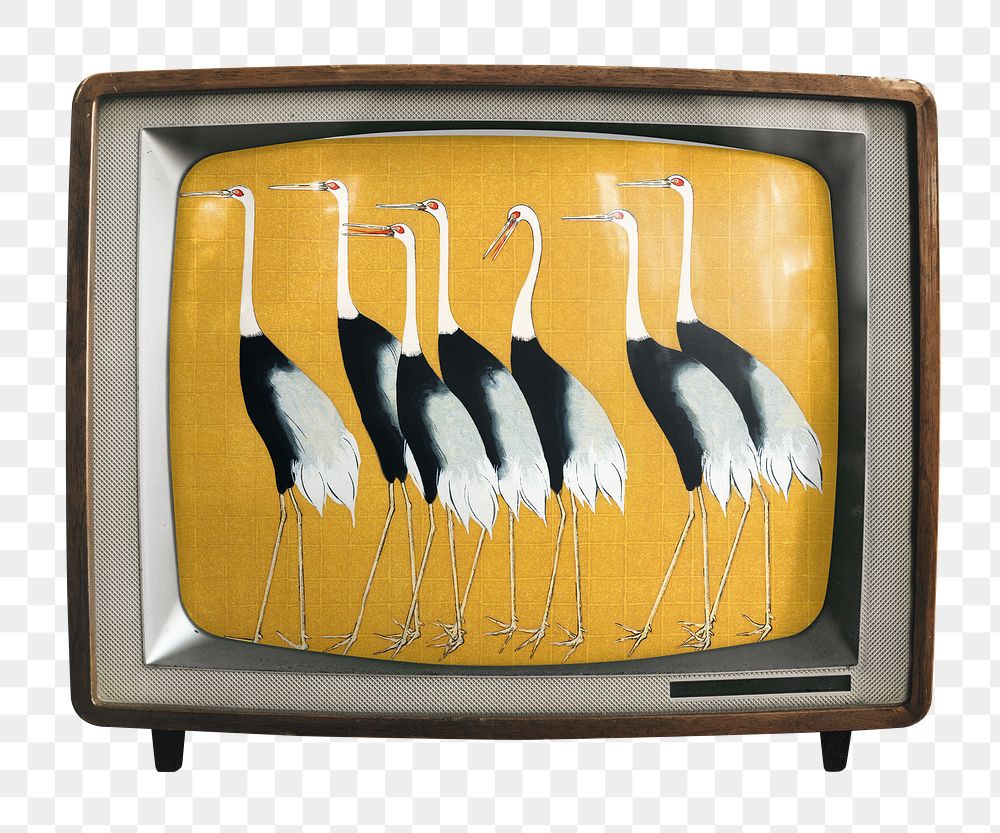 Japanese cranes png sticker, animal painting on retro television, transparent background