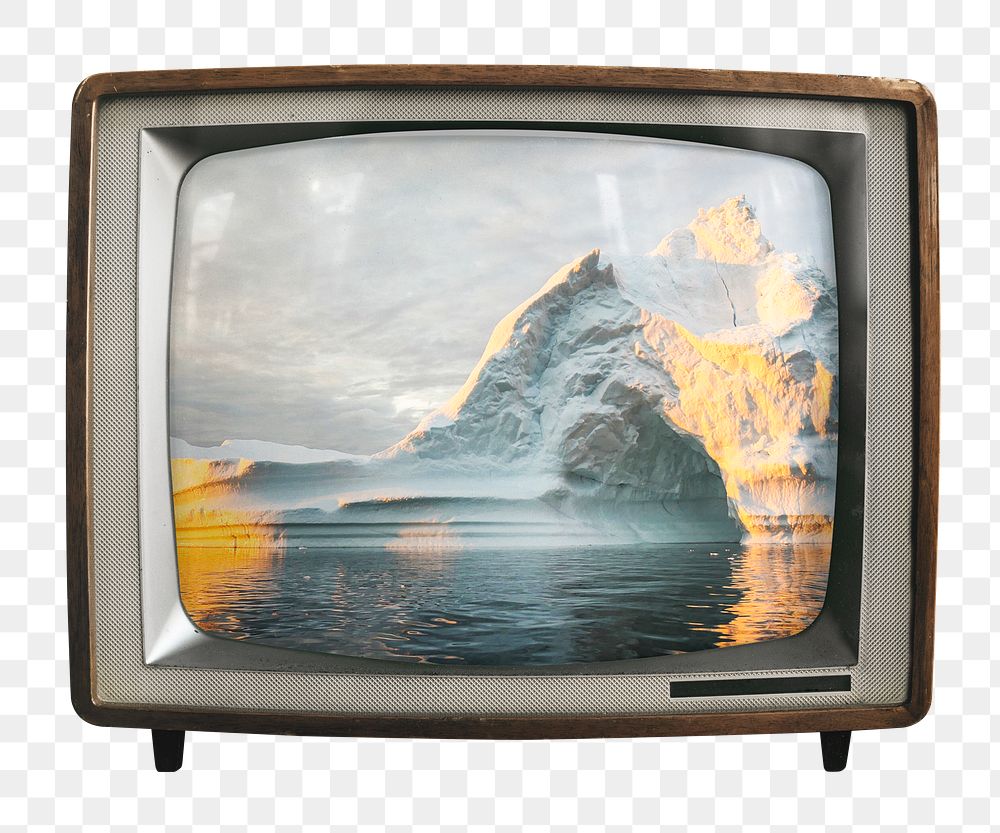 Warming ice png mountains sticker, climate change on retro television, transparent background
