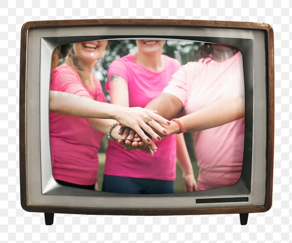 Png breast cancer awareness sticker, women joined hands on retro television, transparent background