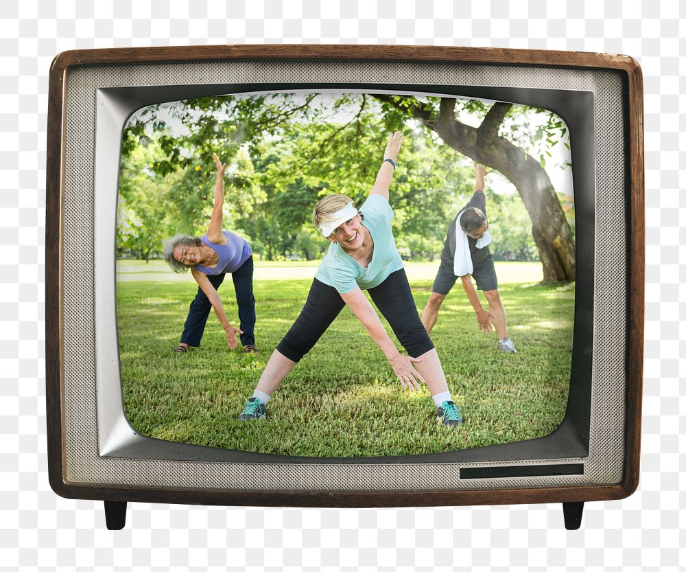 Mature women png exercising sticker, wellness on retro television, transparent background