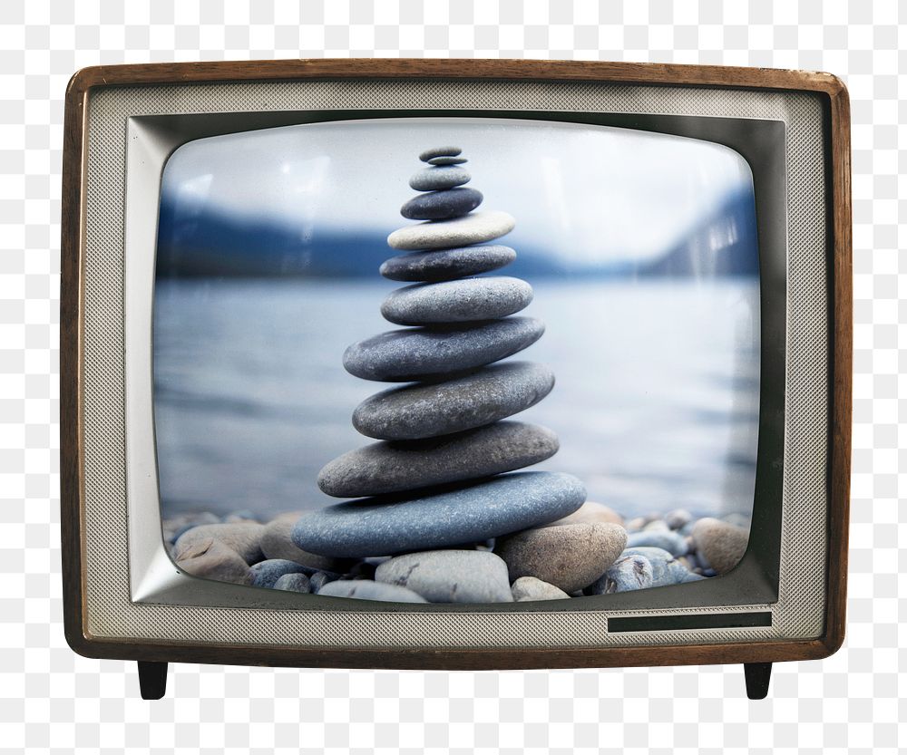 Zen stones png sticker, wellness on retro television, transparent background