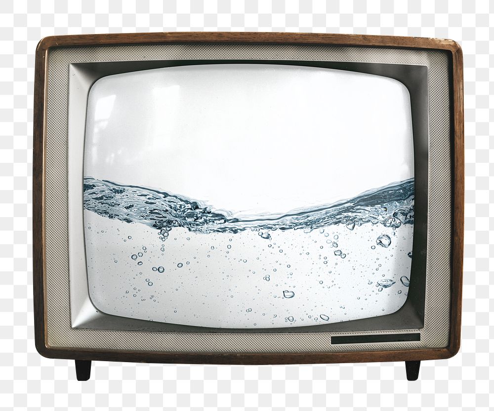 Clear water png sticker, texture on retro television, transparent background