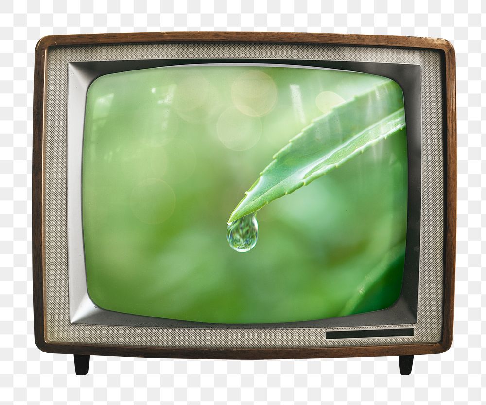 Water drop png leaf sticker, environment on retro television, transparent background