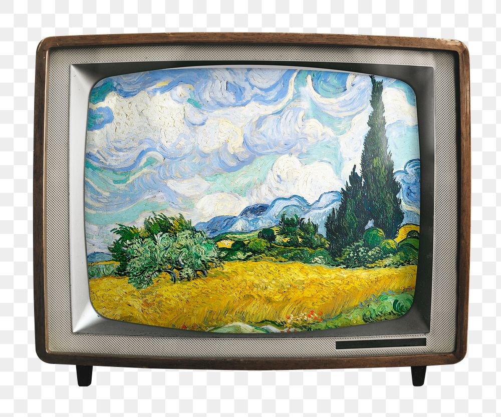 Wheat field png sticker, Vincent Van Gogh's famous painting on retro television, transparent background