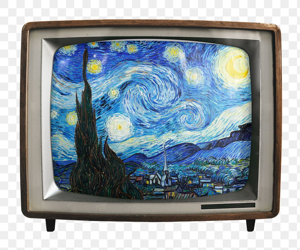 Starry night png sticker, Vincent Van Gogh's famous painting on retro television, transparent background