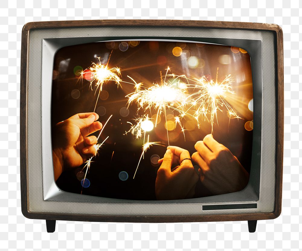 Sparkler fireworks png sticker, celebration on retro television, transparent background