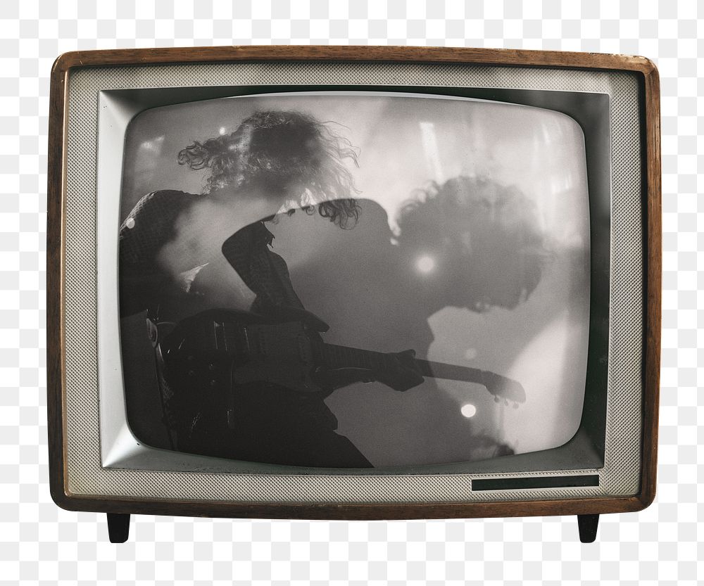 Guitarist performing png concert sticker, music on retro television, transparent background