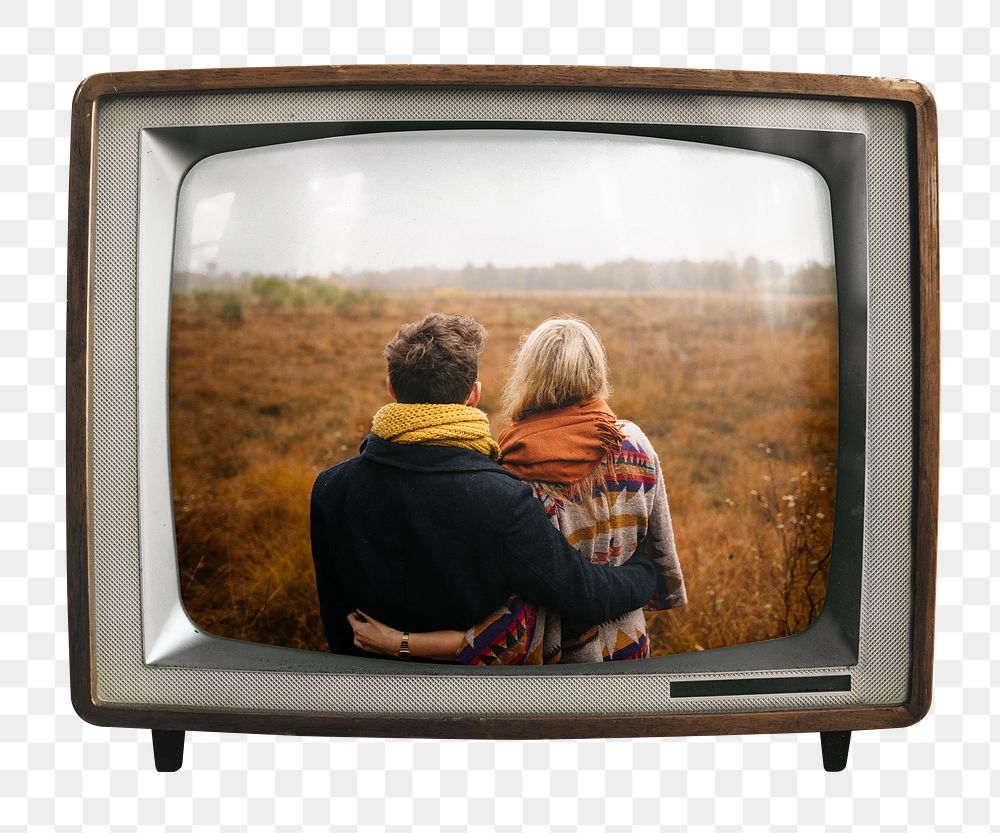 Tourist couple png hugging sticker, travel on retro television, transparent background