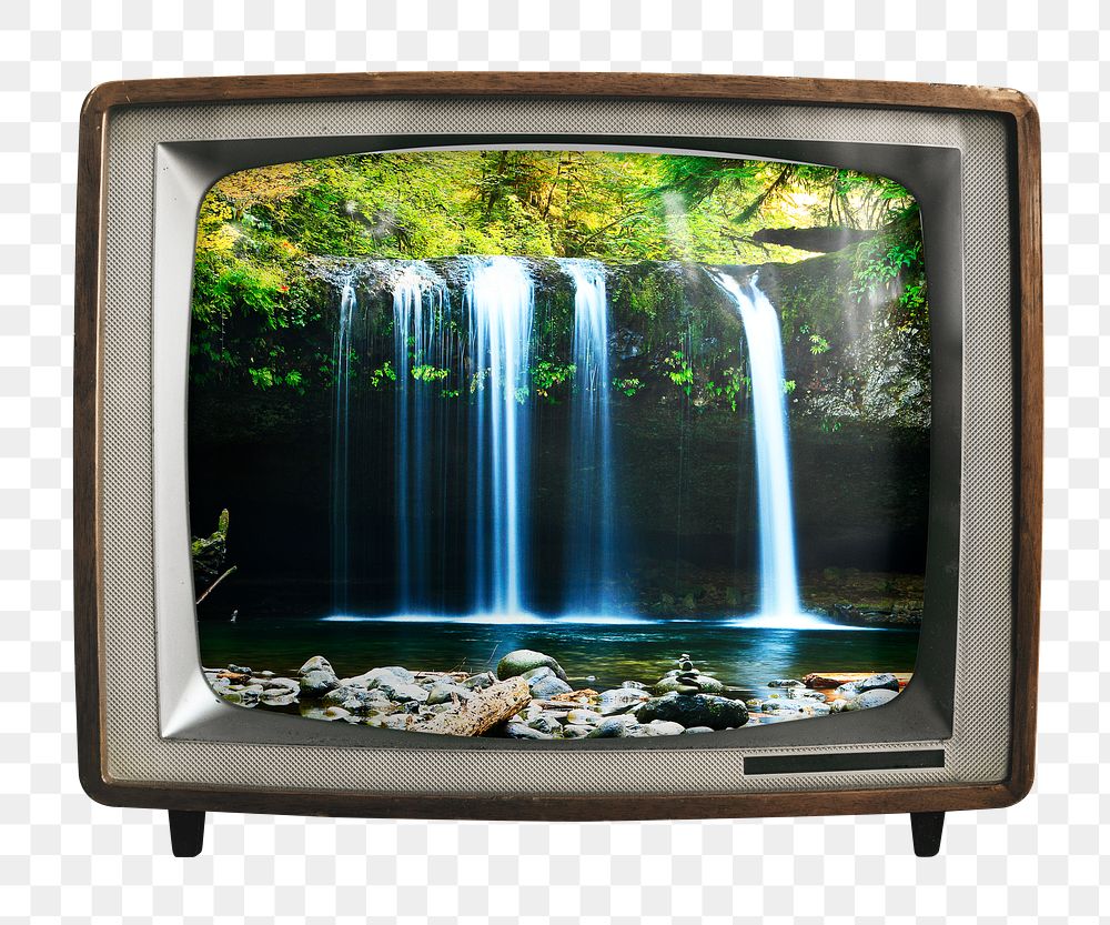 Waterfall forest png sticker, nature on retro television, transparent background
