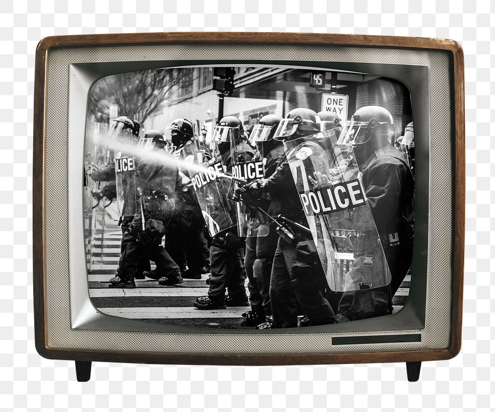 Police brutality png sticker, protest on retro television, transparent background