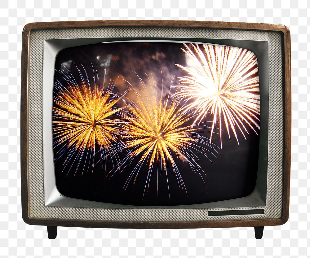 Fireworks aesthetic png sticker, celebration on retro television, transparent background