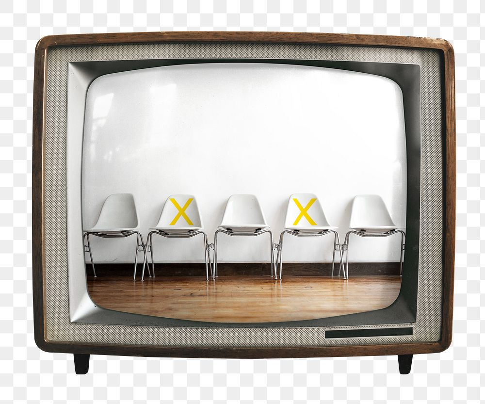 Social distancing png seats sticker, chairs on retro television, transparent background