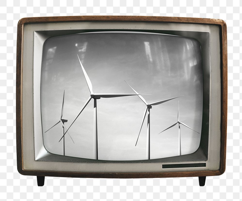 Wind turbines farm png sticker, environment on retro television, transparent background