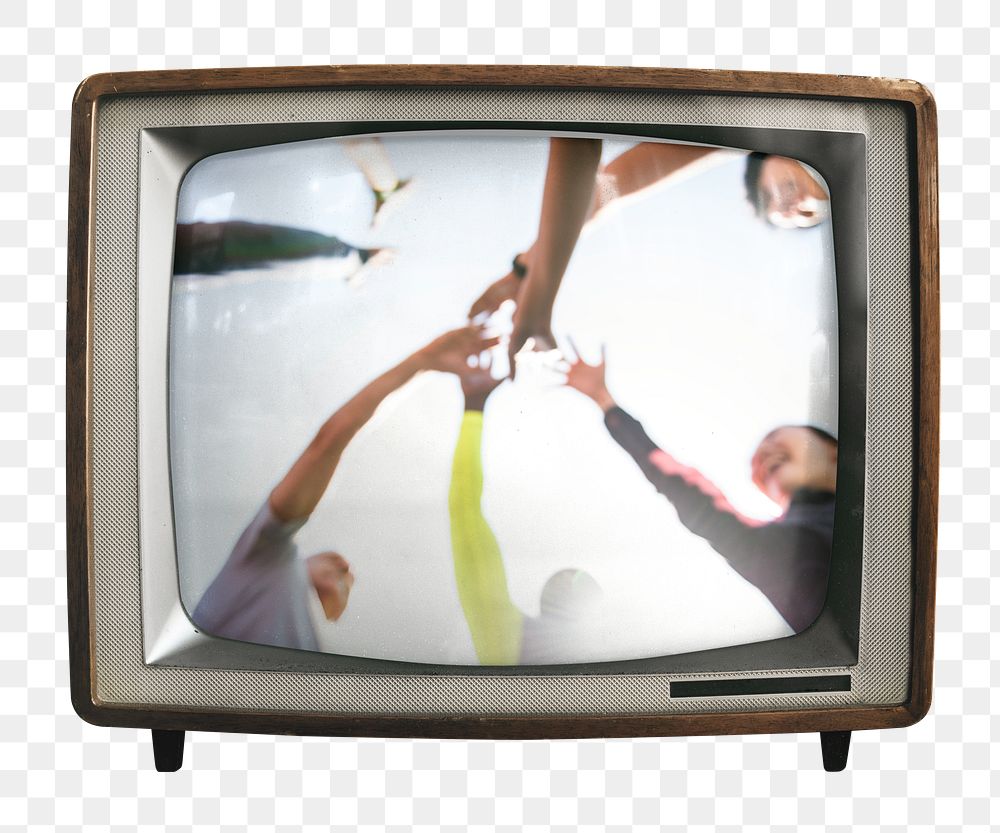 Teamwork, joined hands png sticker, community photo on retro television, transparent background