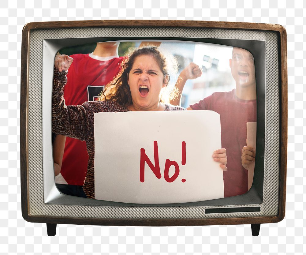 Png woman holding NO sign sticker, protest on retro television, transparent background