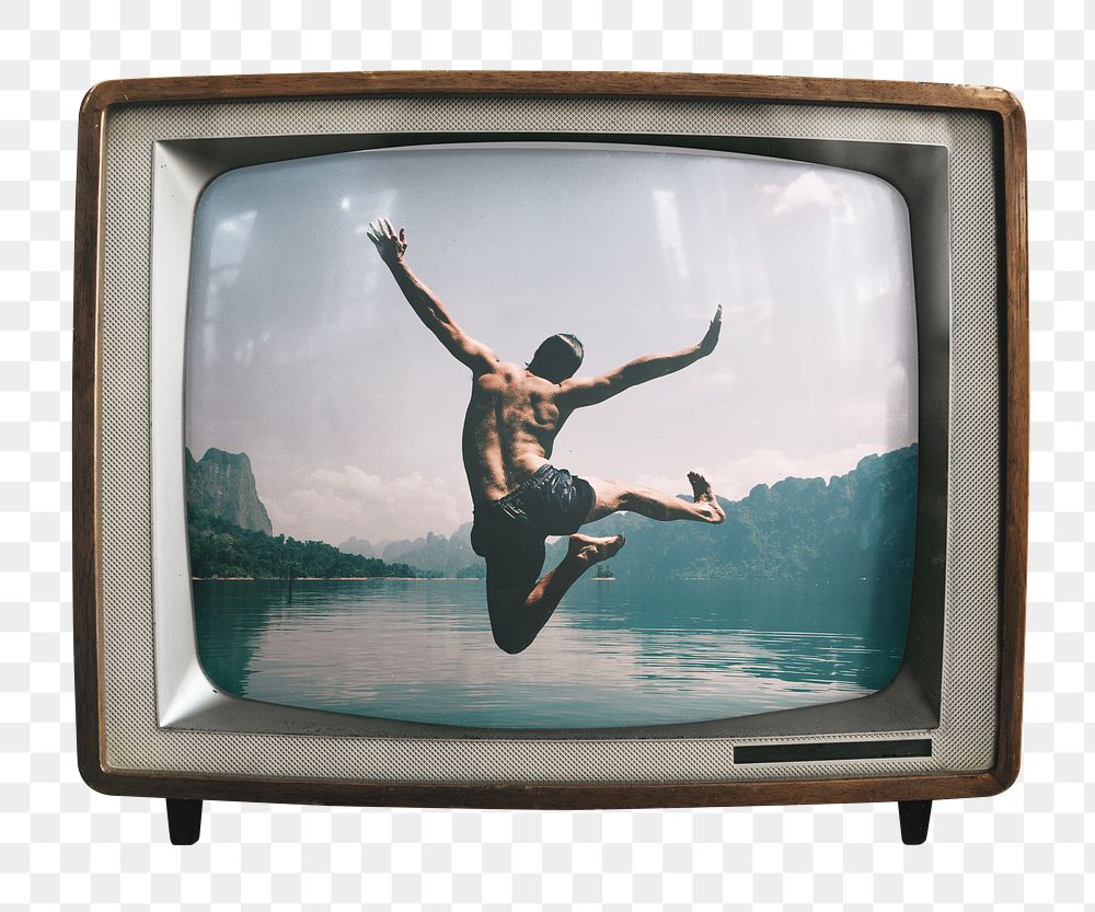 Png man jumping by a lake sticker, travel on retro television, transparent background