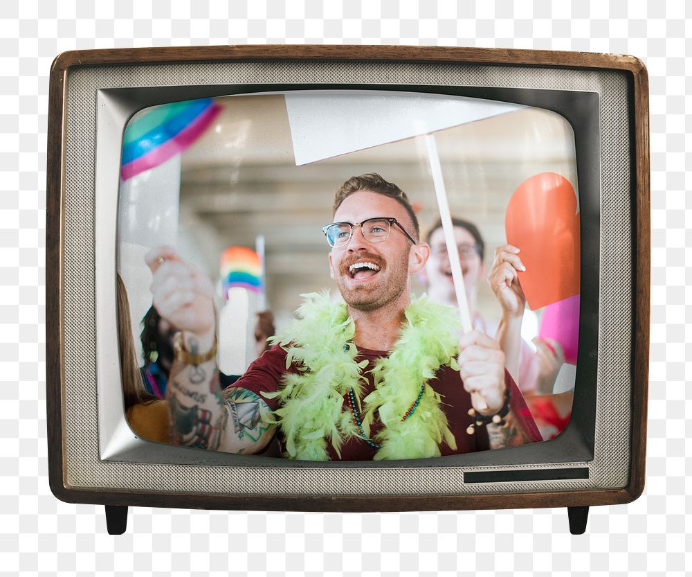 Png LGBTQ peaceful protest sticker, man cheering on retro television, transparent background