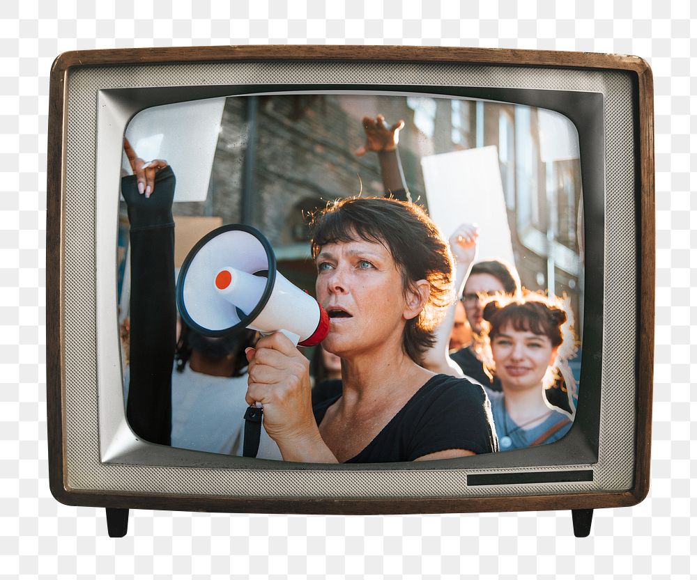 Png woman holding megaphone sticker, protest on retro television, transparent background