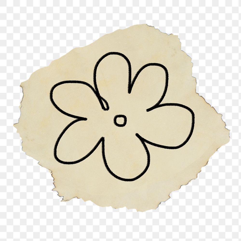Flower doodle png sticker, brown ripped paper transparent background
