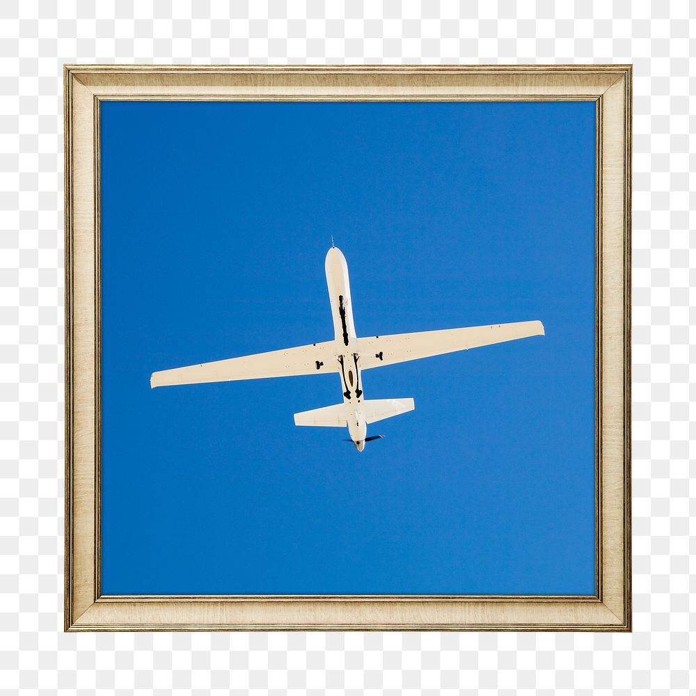 Png plane in blue framed sticker, on transparent background