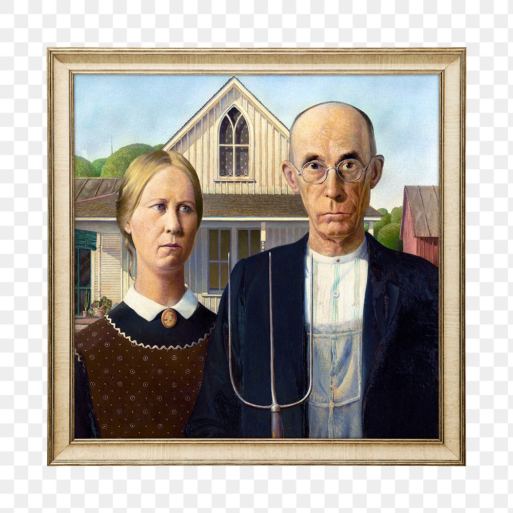 Png American Gothic, Grant Wood, artwork sticker on transparent background, remastered by rawpixel