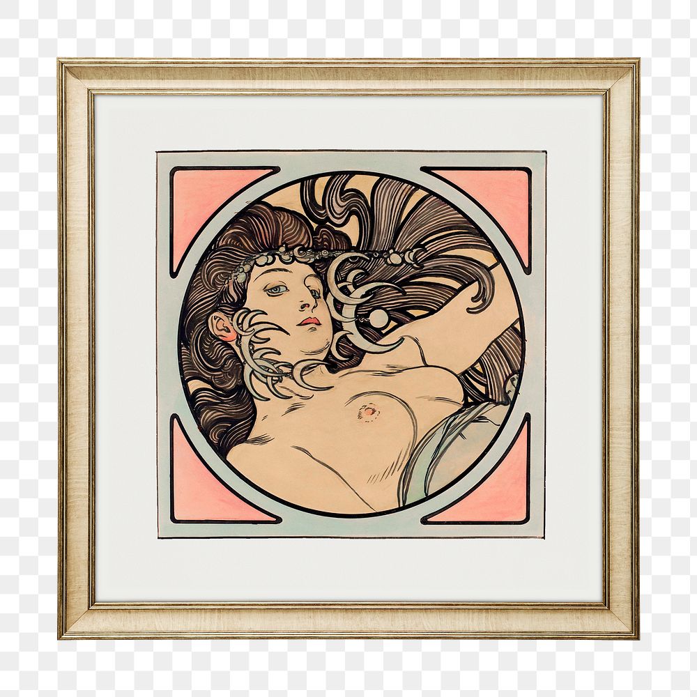 Png Alphonse Mucha, art nouveau artwork sticker, on transparent background, remastered by rawpixel