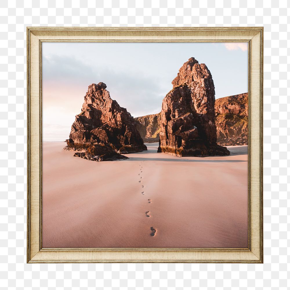 Png footprint on sand framed sticker, on transparent background