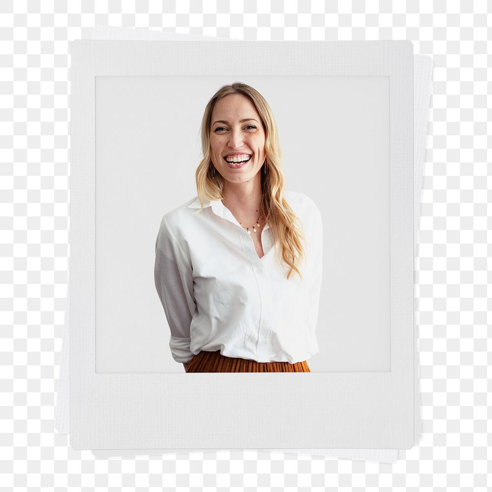 Cheerful businesswoman png instant photo, small business owner on transparent background