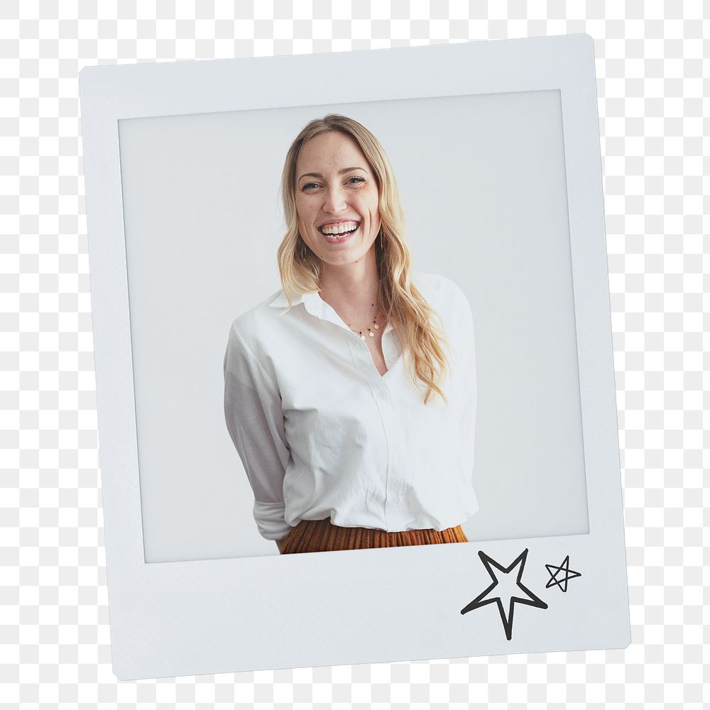 Cheerful businesswoman png instant photo, small business owner on transparent background