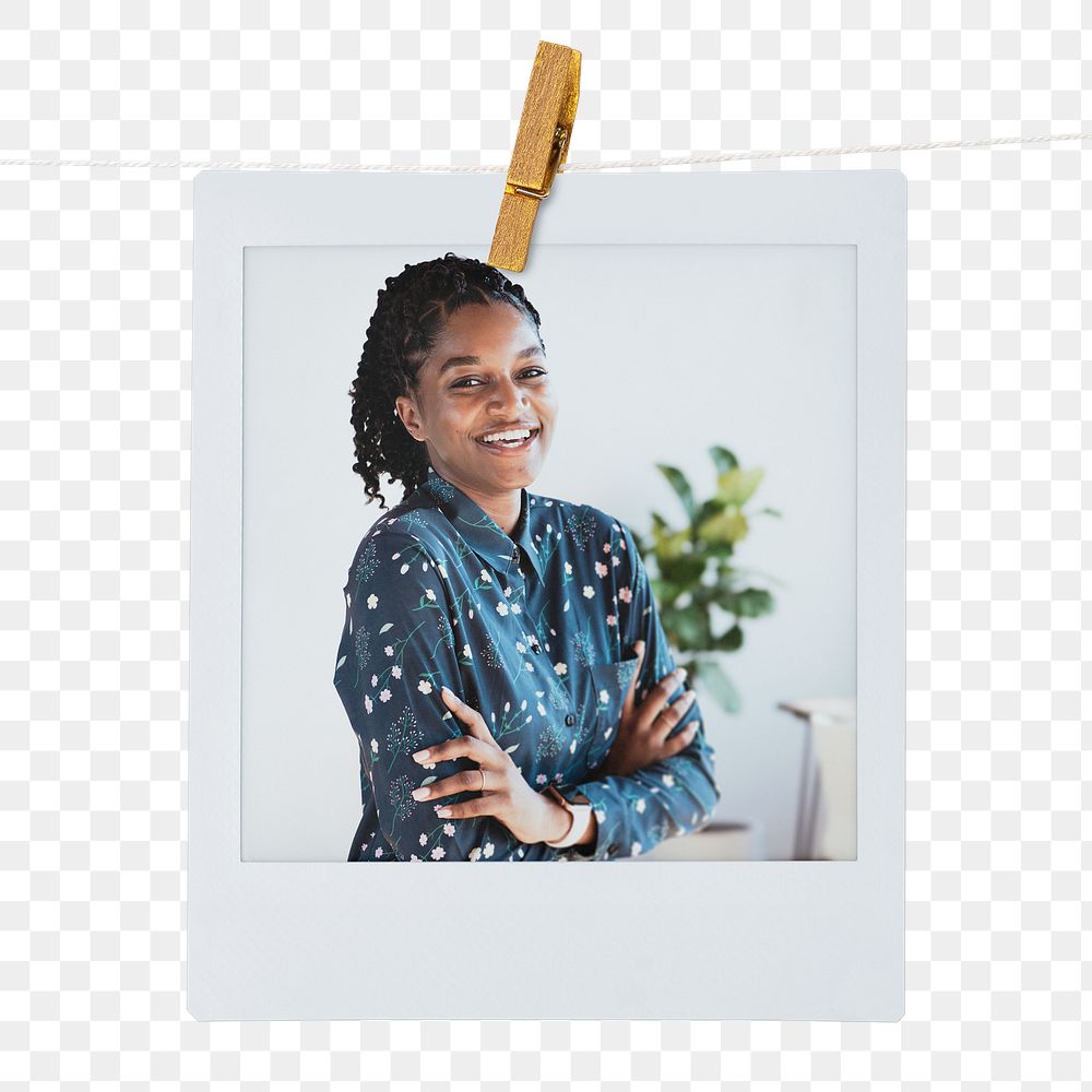 Successful businesswoman png instant photo, women empowerment on transparent background