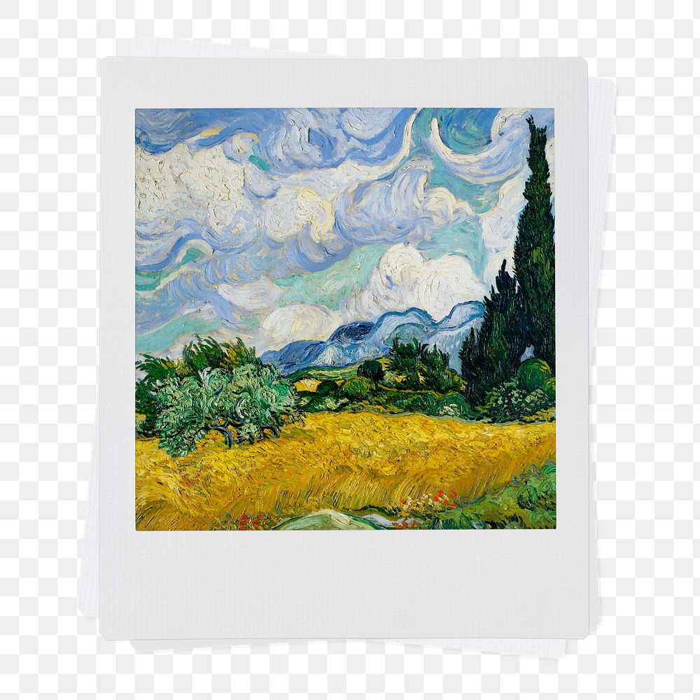 Png Vincent Van Gogh's famous painting, Wheat Field with Cypresses instant photo, transparent background, remixed by rawpixel