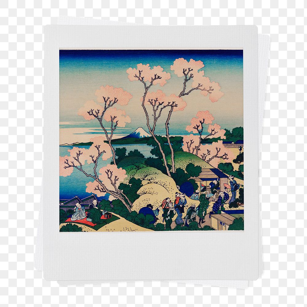 Katsushika Hokusai's png famous cherry blossom painting, instant photo, transparent background, remixed by rawpixel