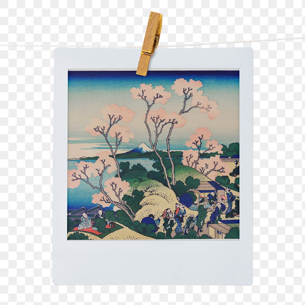 Katsushika Hokusai's png famous cherry blossom painting, instant photo, transparent background, remixed by rawpixel