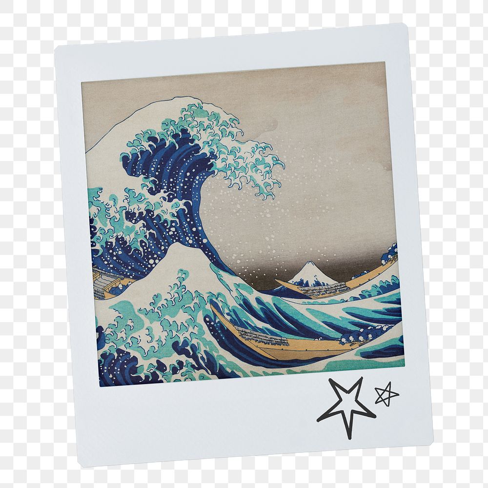 Katsushika Hokusai's png The Great Wave off Kanagawa, instant photo, transparent background, remixed by rawpixel