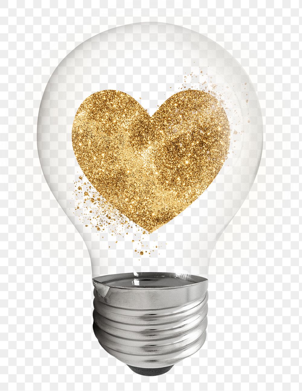 Png gold glittery heart sticker, light bulb Valentine's creative remix on transparent background