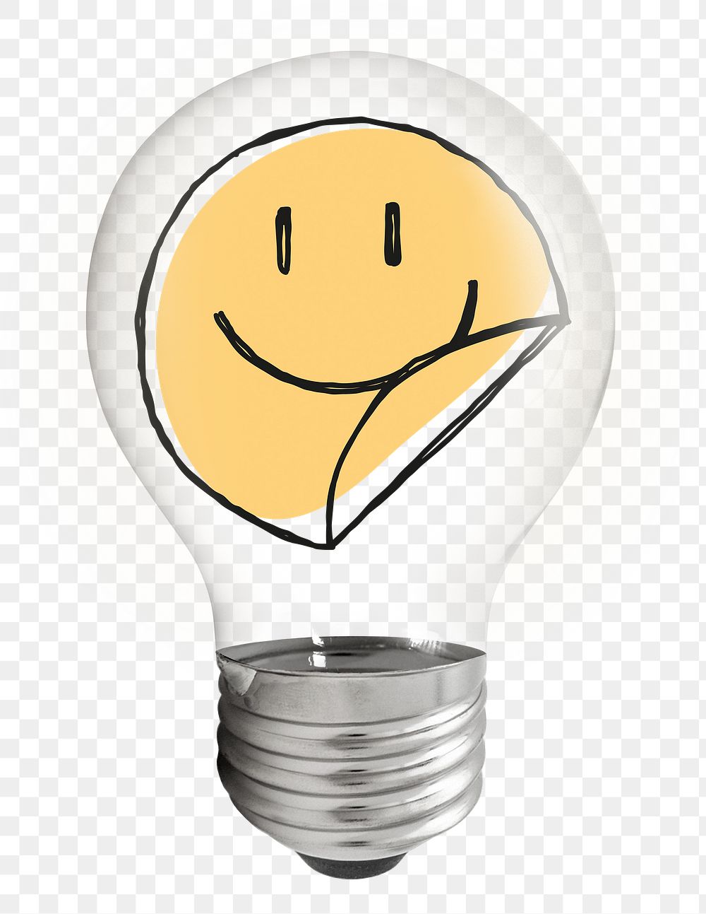 Smiling face png emoticon light bulb sticker, doodle graphic on transparent background