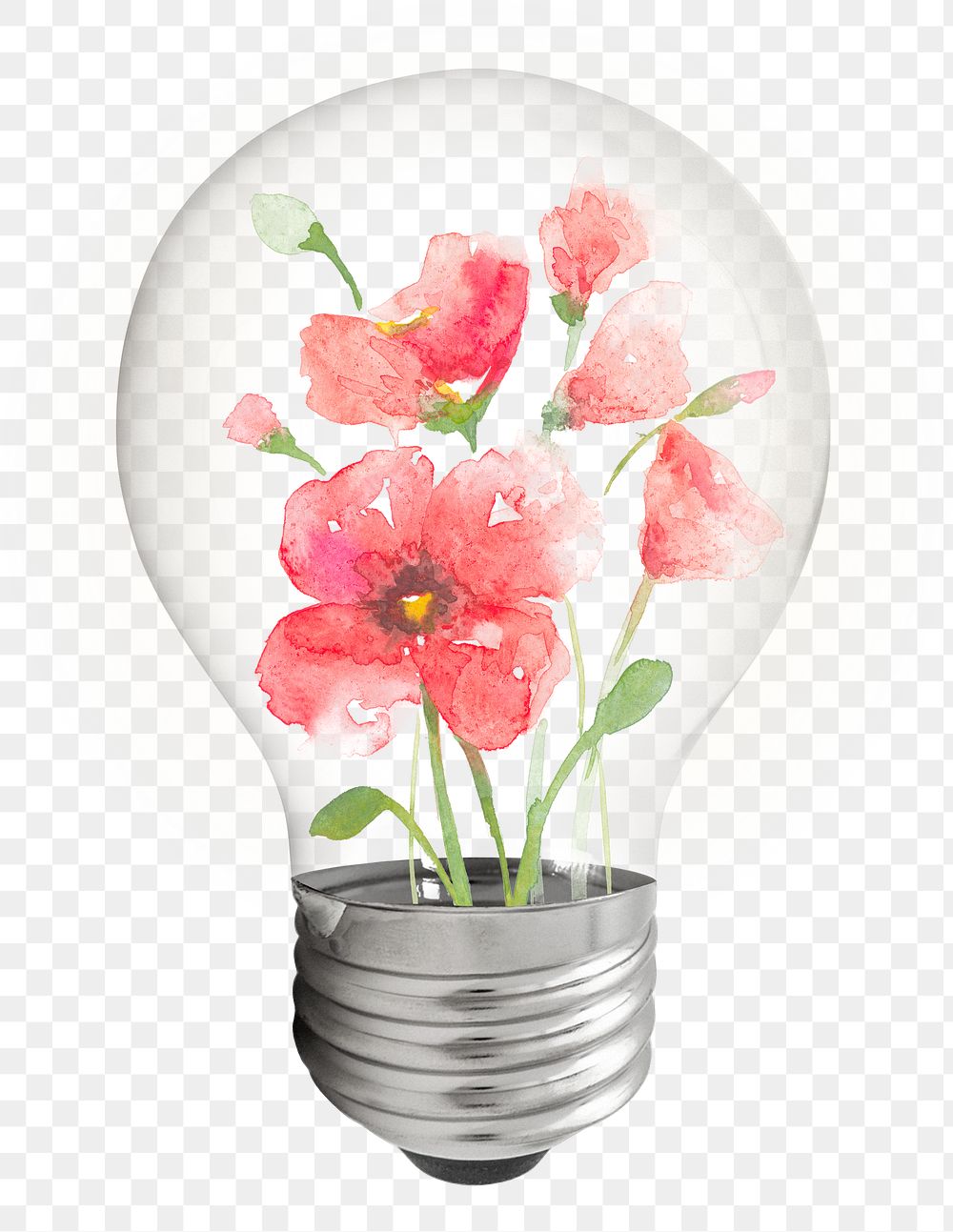 Watercolor flower png light bulb sticker, pink aesthetic illustration, transparent background