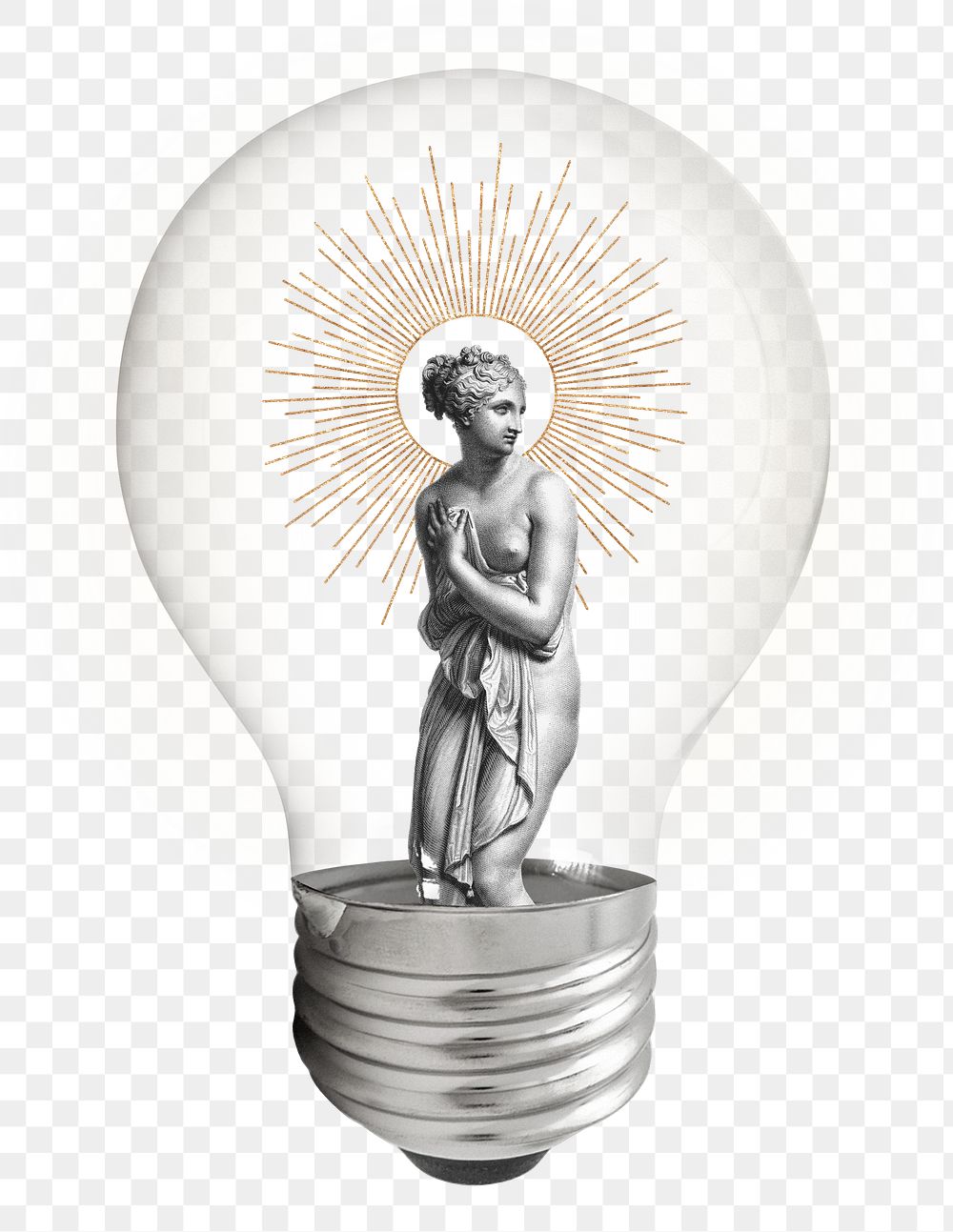 Greek woman png, nude statue sticker, light bulb creative remix on transparent background