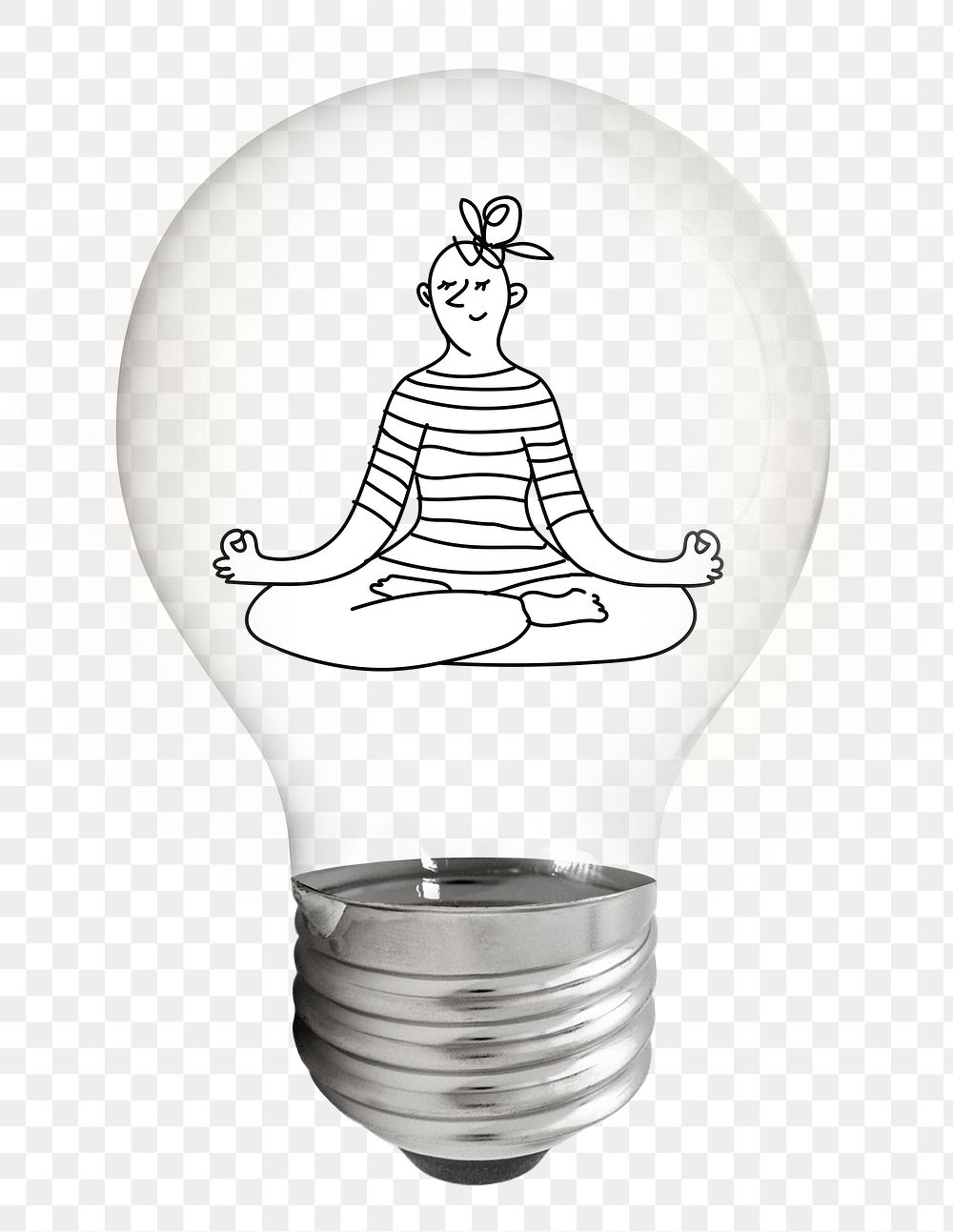 Woman meditating png doodle sticker, light bulb wellness creative illustration on transparent background