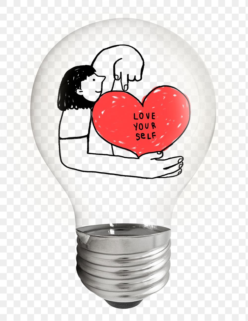 Love Yourself png doodle sticker, light bulb self-love creative illustration on transparent background