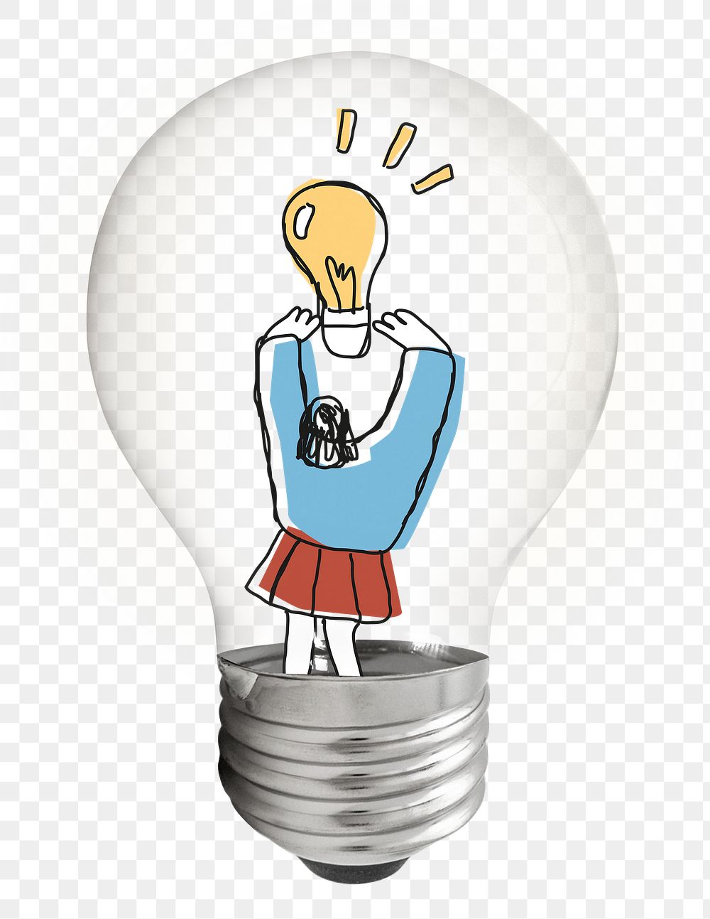 Png woman holding light bulb sticker, creative business illustration on transparent background
