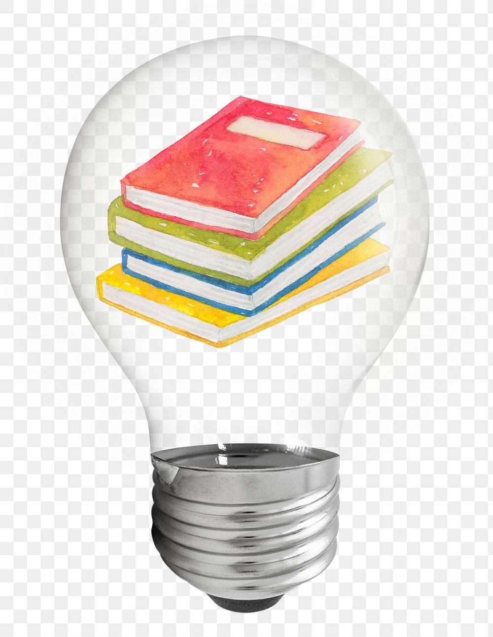 Watercolor books png sticker, light bulb stationery creative illustration on transparent background