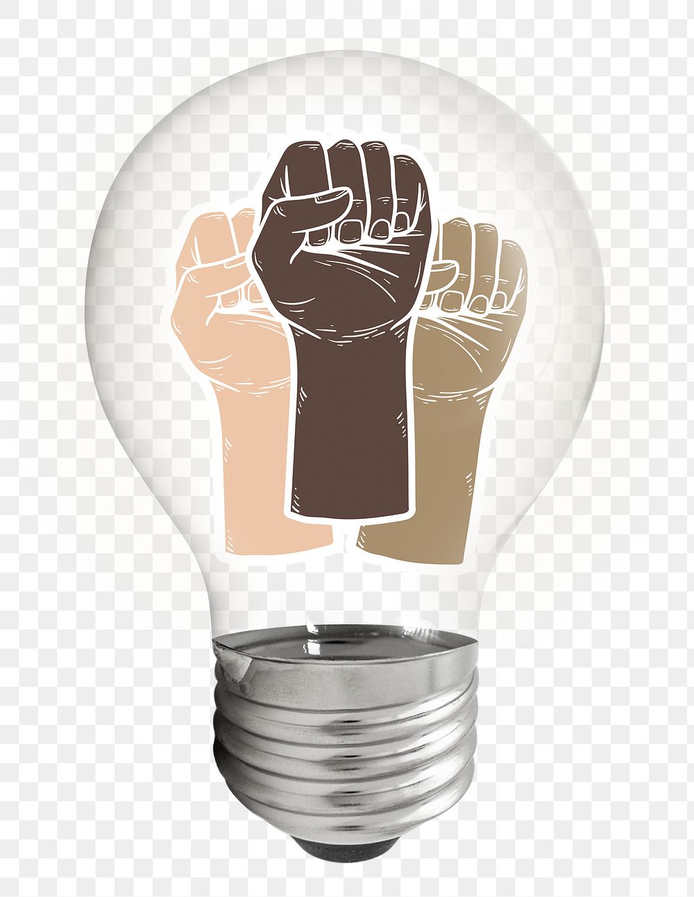 Raised diverse fists png sticker, light bulb BLM support campaign on transparent background