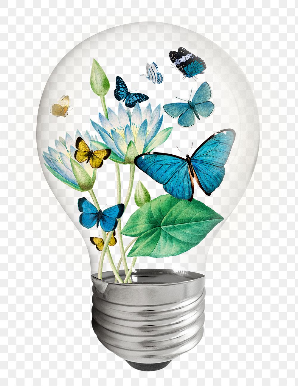 Spring flowers png light bulb, blue botanical graphic on transparent background
