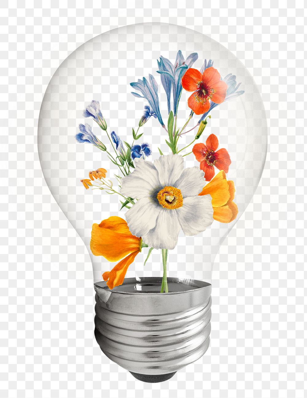 Spring flowers png light bulb, vintage botanical illustration on transparent background