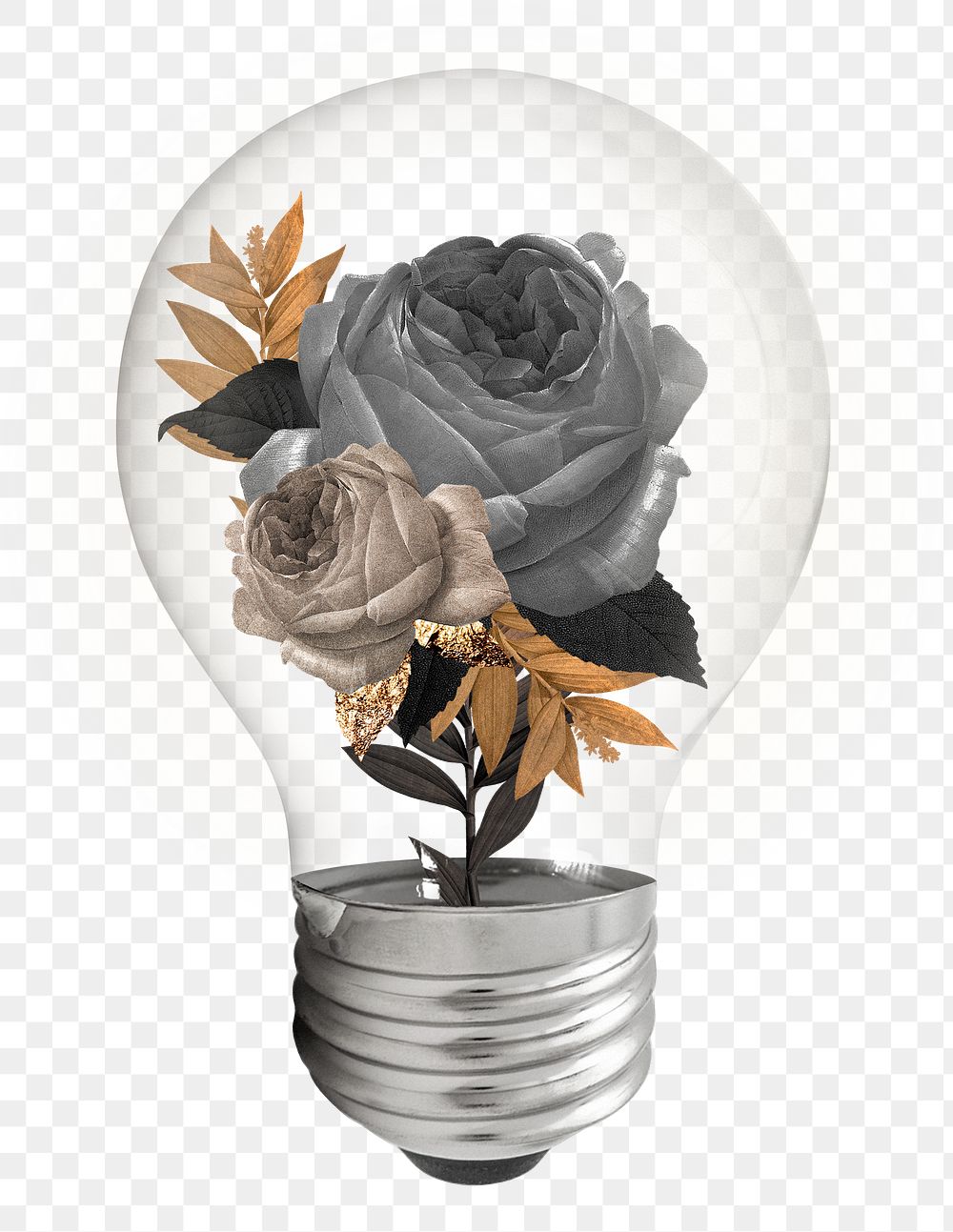 Black roses flower png light bulb sticker, botanical aesthetic graphic, transparent background