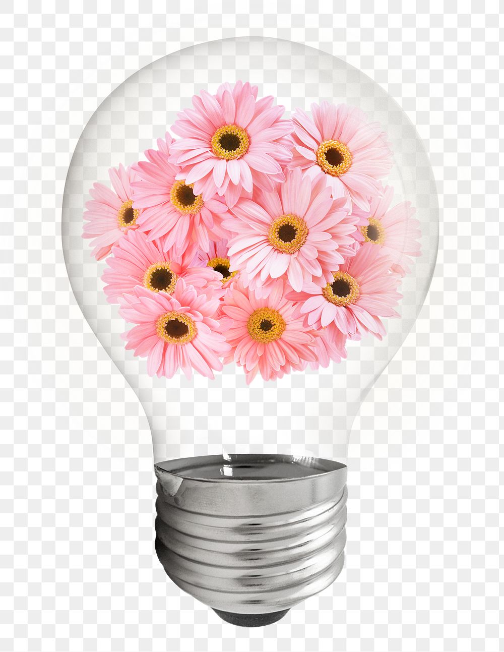 Pink gerbera png sticker flowers light bulb, Spring aesthetic graphic, transparent background